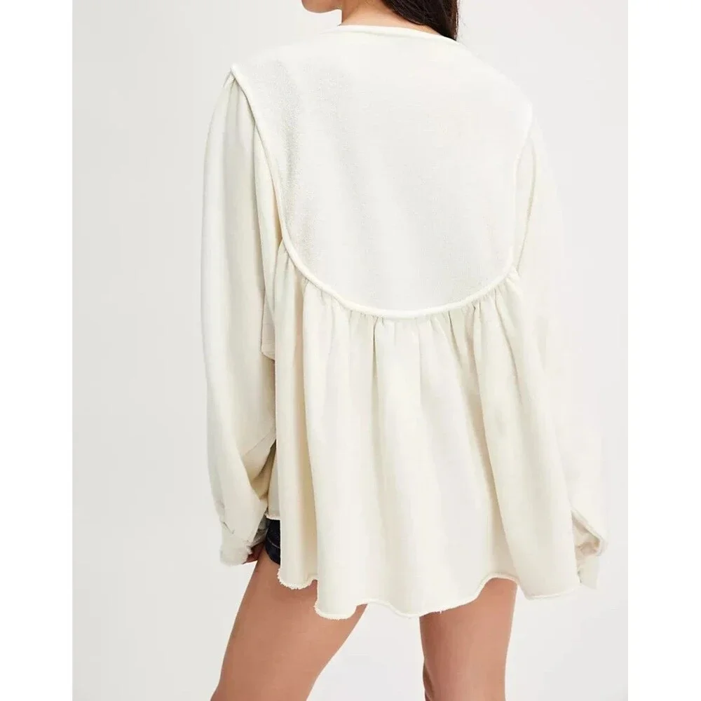 Free People About A Girl Pullover Sweatshirt Top Henley Flowy Cotton M 289539